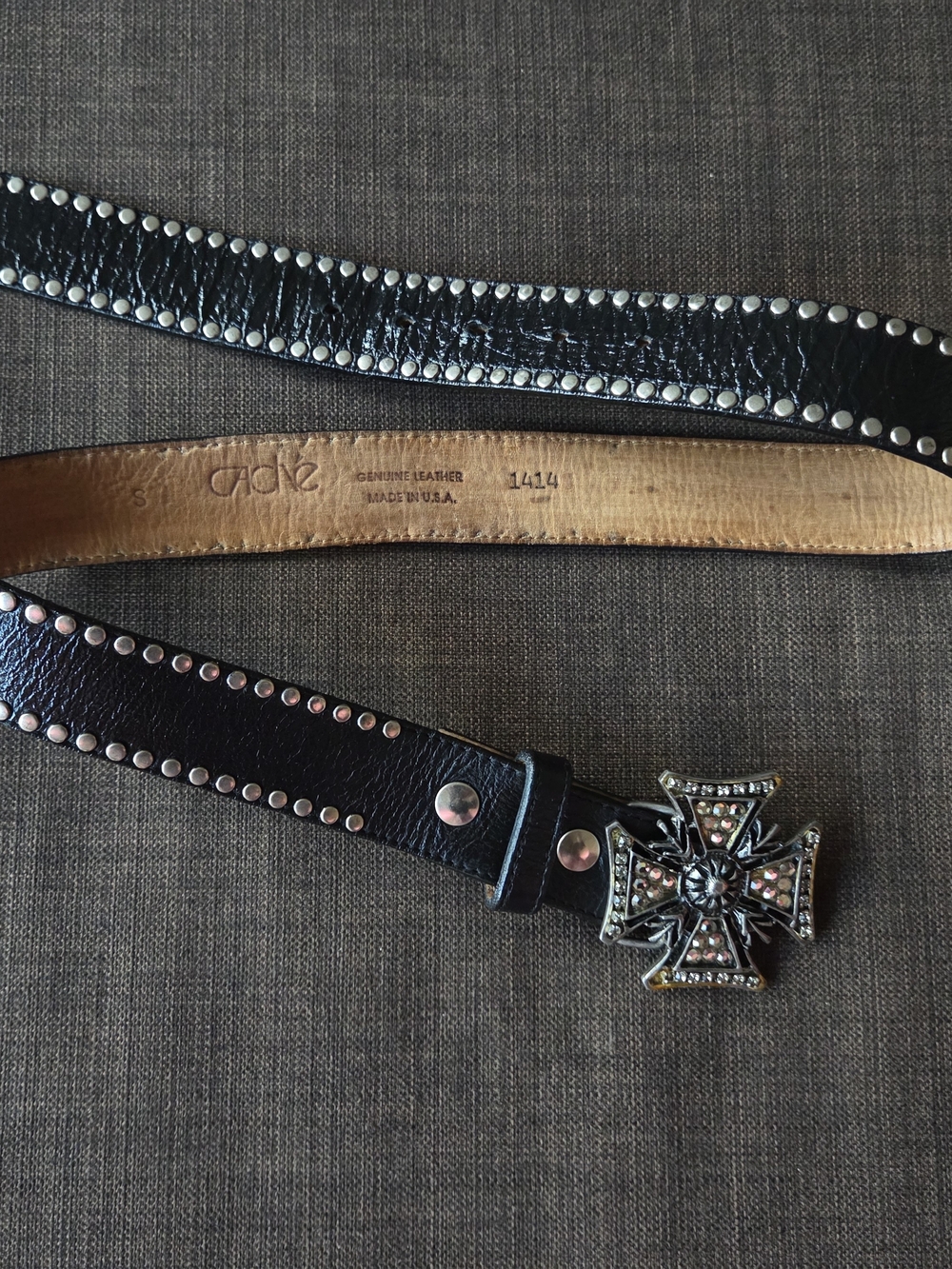 Cache Black Leather Studded Belt with Cross Buckle